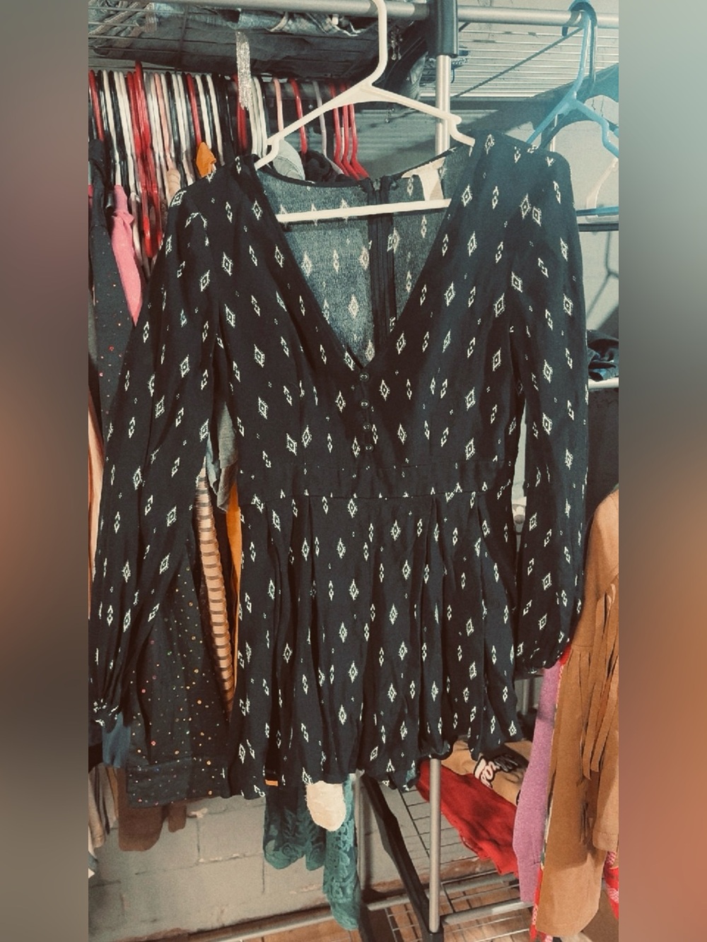 Women's Black Printed Long Sleeve V-Neck Dress